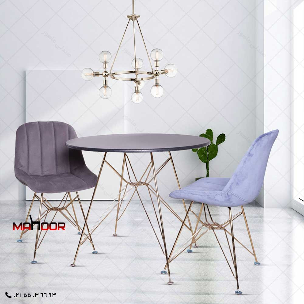 میز و صندلی ناهارخوری دو نفره؛ مدل مایا لمسه‌ای پایه فلزی (فورتیک / طلایی)